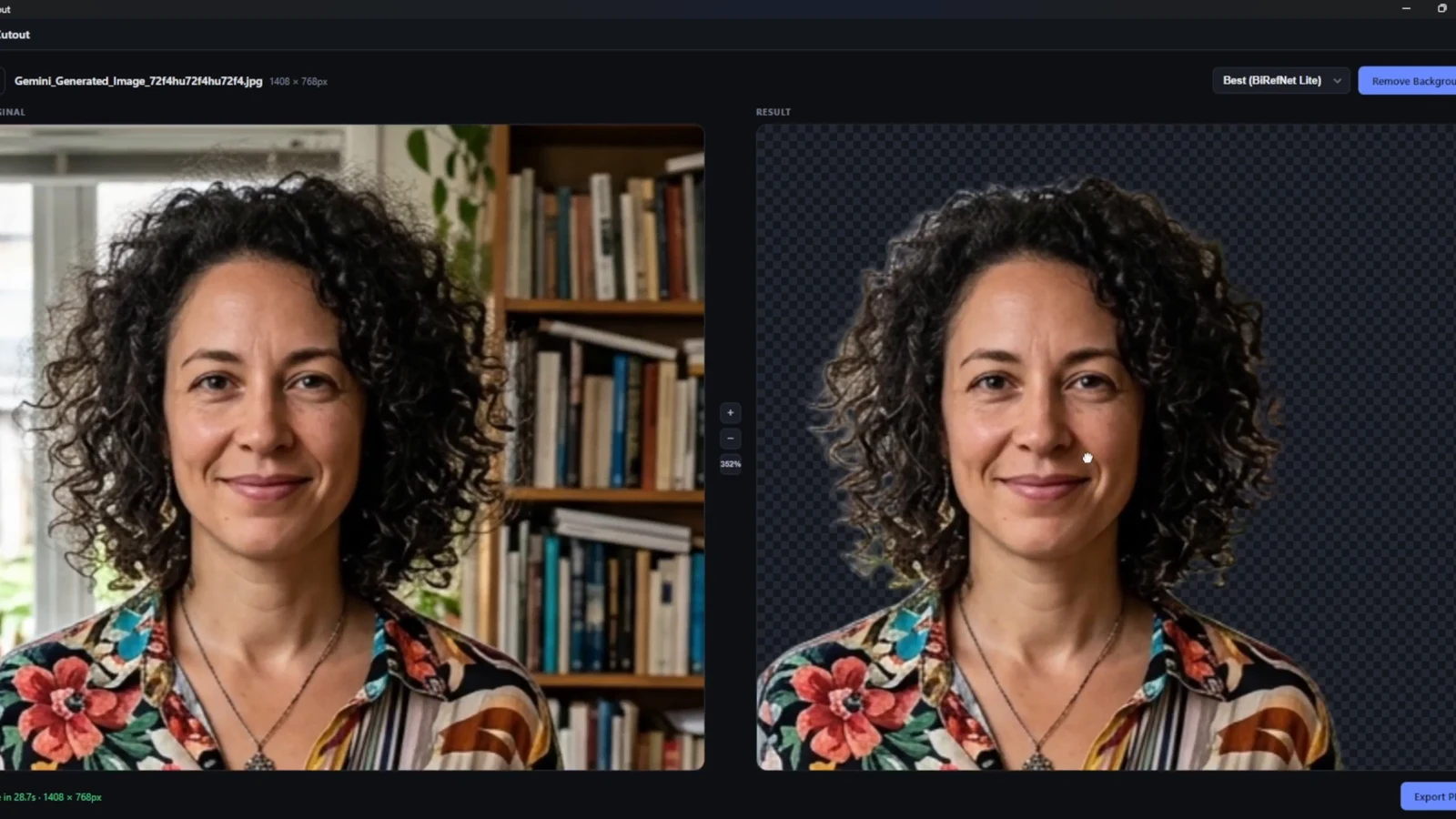 CutOut’s real zoomed preview, showing fine hair detail before and after background removal