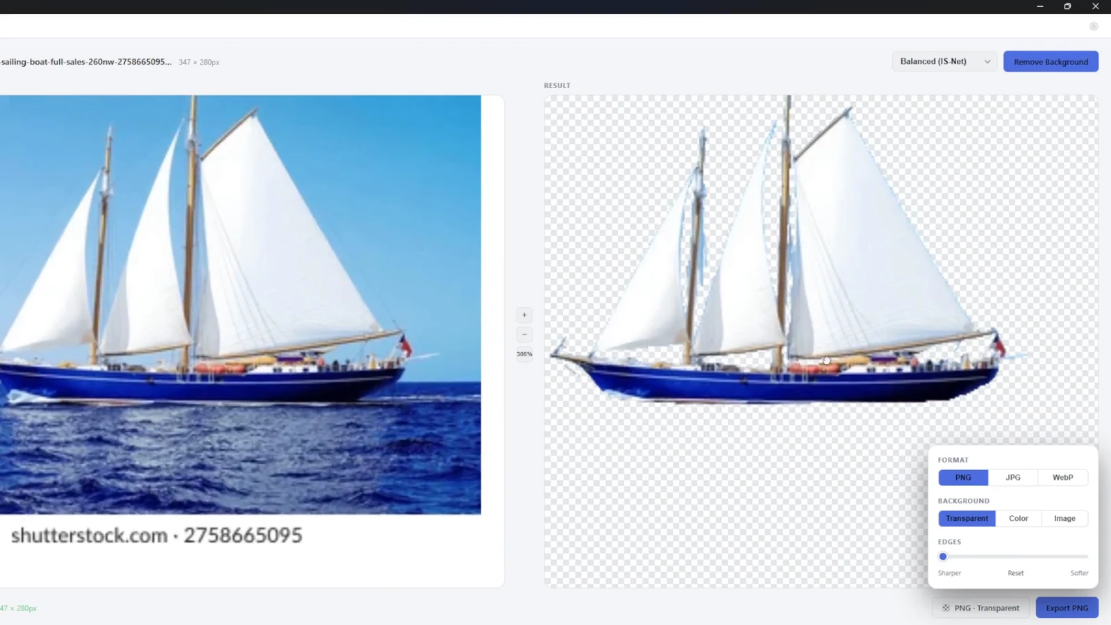 Official CutOut recording showing export formats and the Edges slider