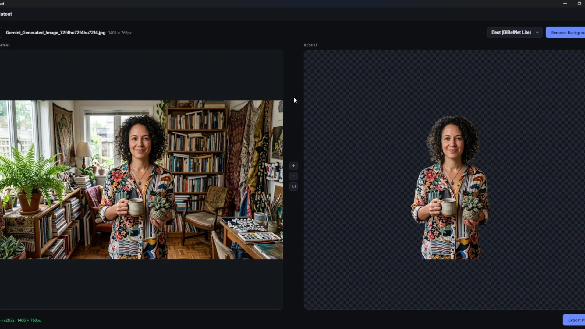 The CutOut desktop app in dark mode, with the original portrait on the left and its background removed on the right